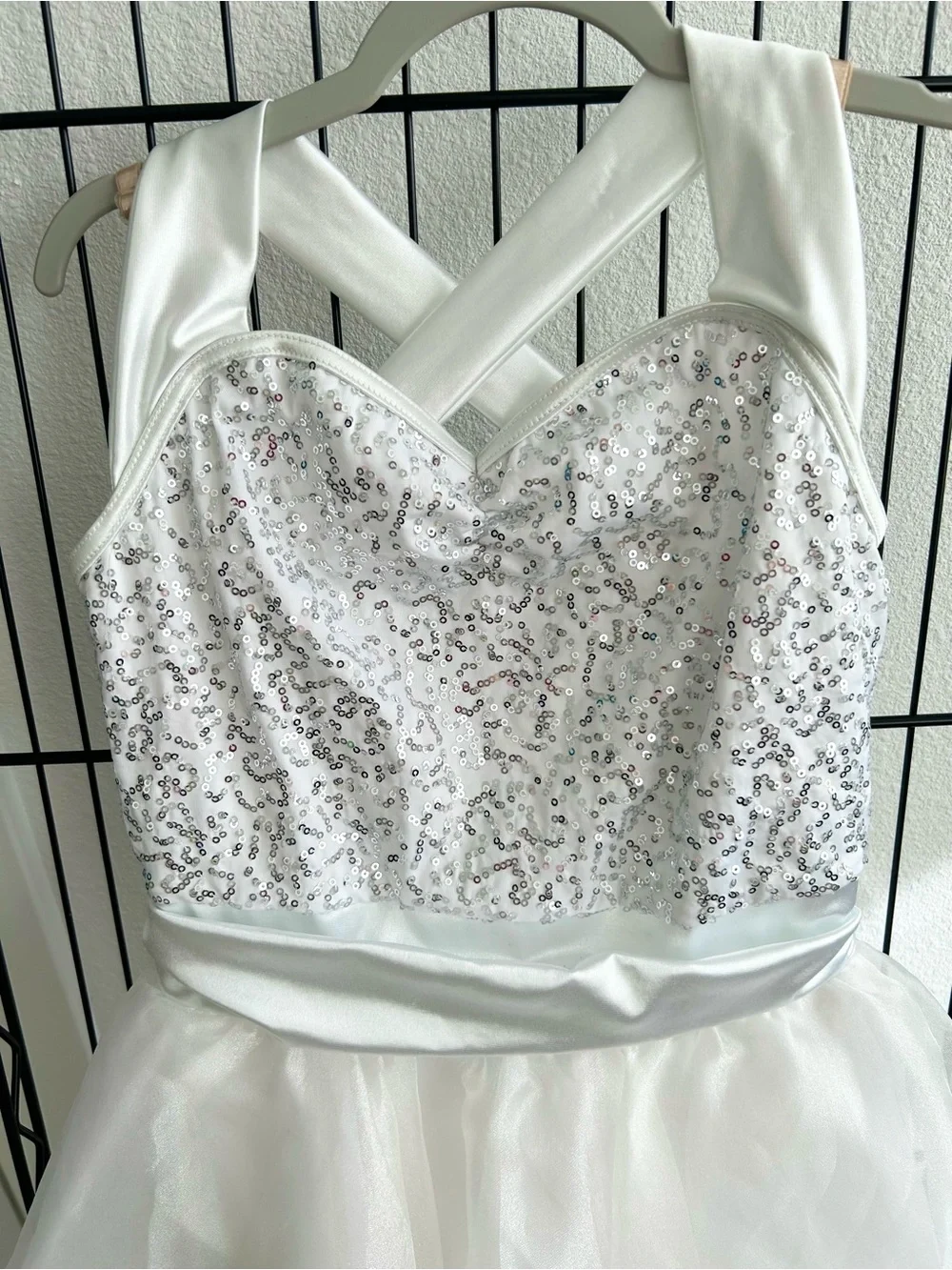 Weissman Showtime I Feel Pretty White Satin Sequins Organza Dancewear Size LC 14